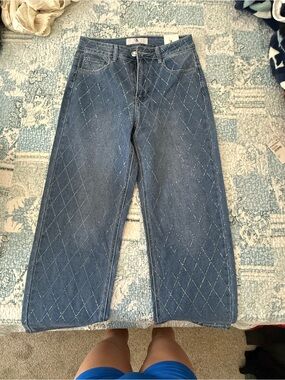 Flying Angel NWOT Embellished Diamond-Quilted Blue Denim Jeans